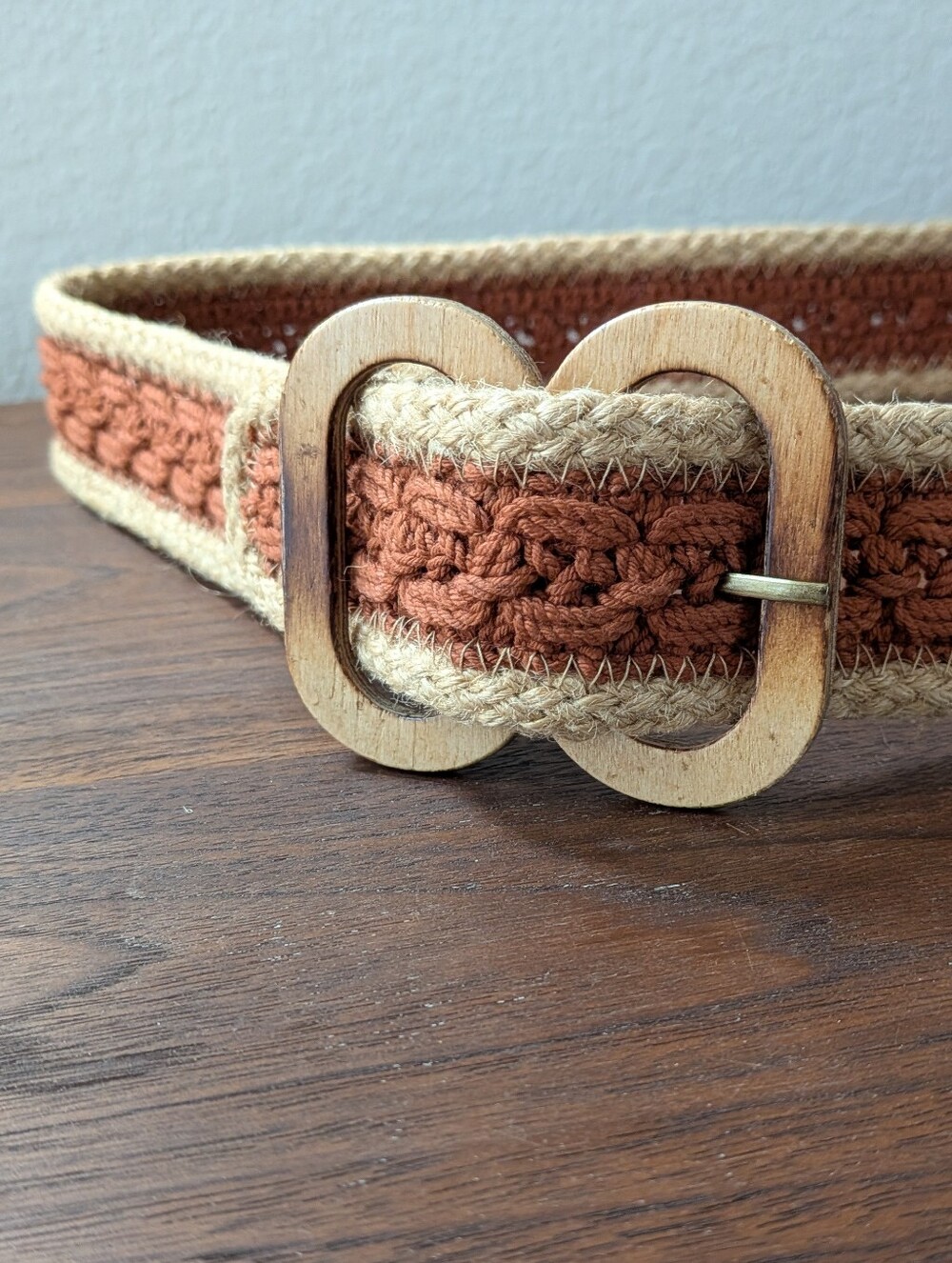 Bohemian Woven Belt With Wooden Buckle Tan Cream Color